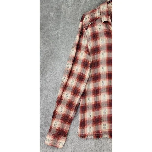 Idyll Wind Shirt Womens Large Red Cream Plaid Flannel Beaded Fringed Western Top - Picture 9 of 14